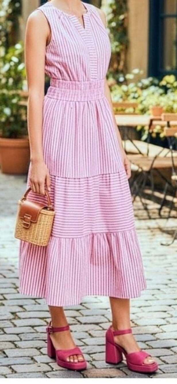 Draper James Delilah Sleeveless Smocked Midi Dress Pink Striped  Large Chic